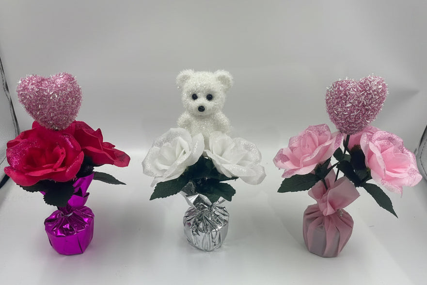Mini Glitter Rose Bouquet Pot - Valentine &amp; Party Decor