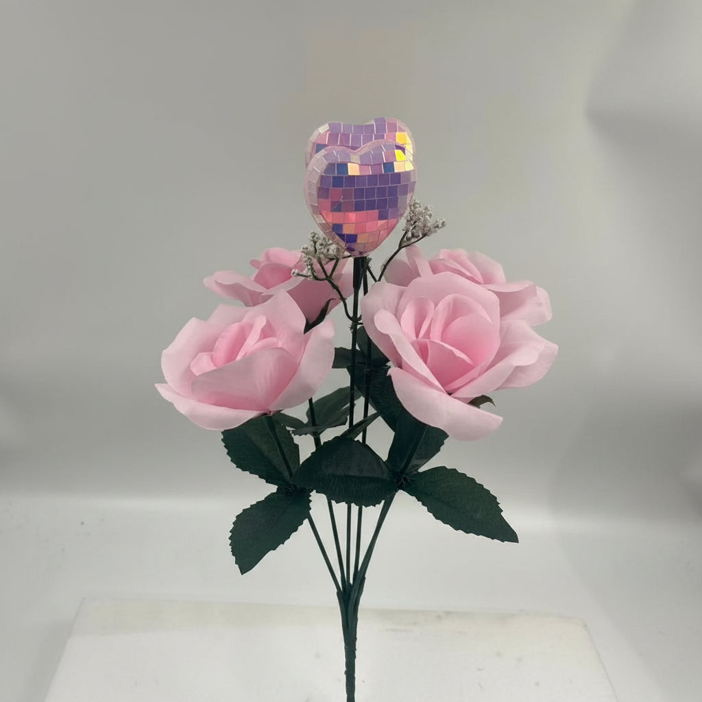 Pink Faux Rose Bush with Disco Mirror Heart Pick