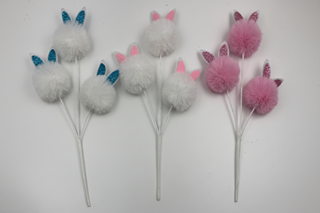 Easter Fluffy Pom-Pom Bunny Picks (3-Stem)