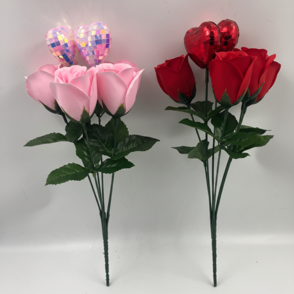 Artificial Rose Bush with Metallic Heart Picks