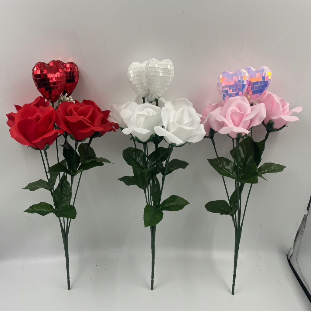 Artificial Rose Bush with Metallic Heart Picks