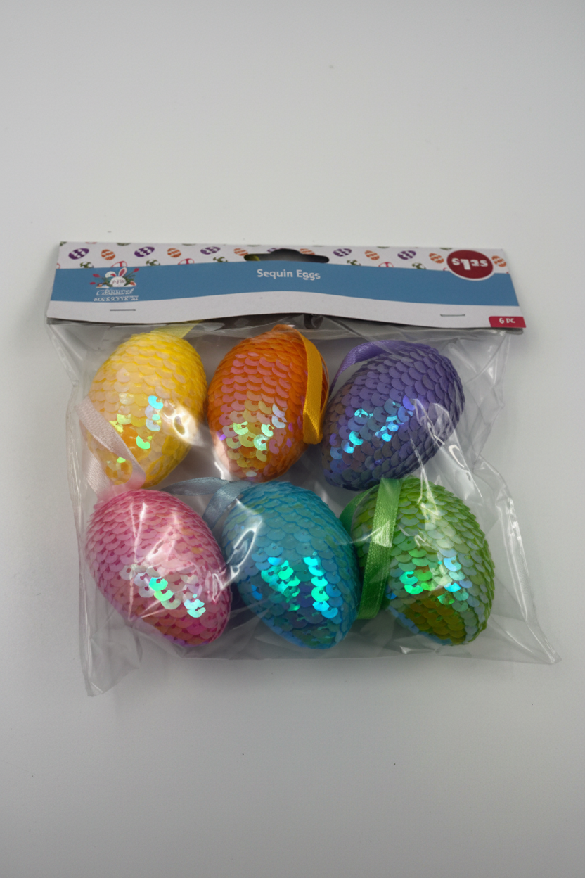 Glittery Sequin Easter Hanging Eggs - 6 Pack