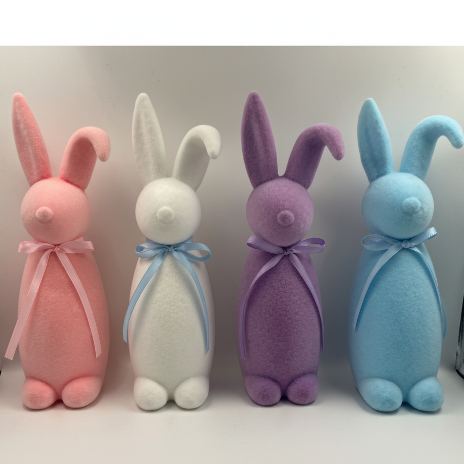 Pastel Flocked Easter Bunny Figurine with Ribbon