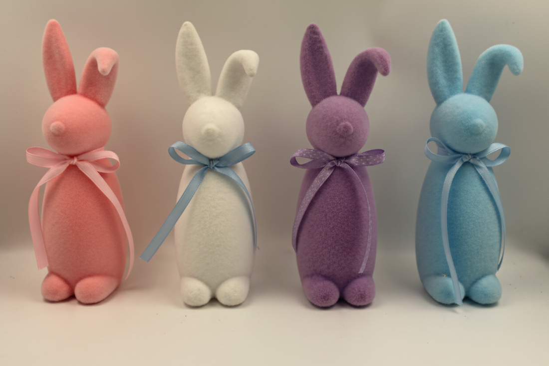 Pastel Flocked Easter Bunny Figurine with Ribbon