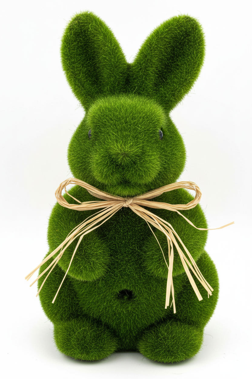 Flocked Moss Green Easter Bunny with Raffia Ribbon